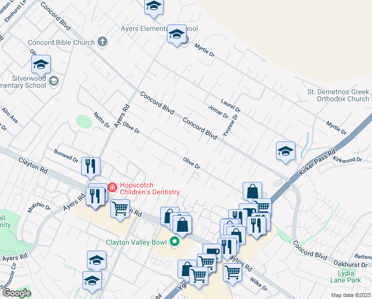 map of restaurants, bars, coffee shops, grocery stores, and more near 5230 Heritage Drive in Concord