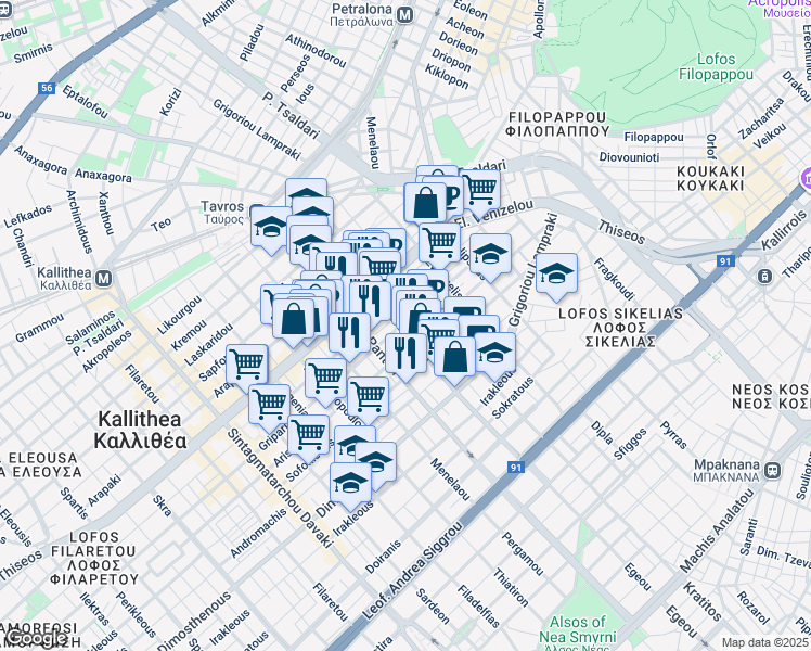 map of restaurants, bars, coffee shops, grocery stores, and more near in Kallithea