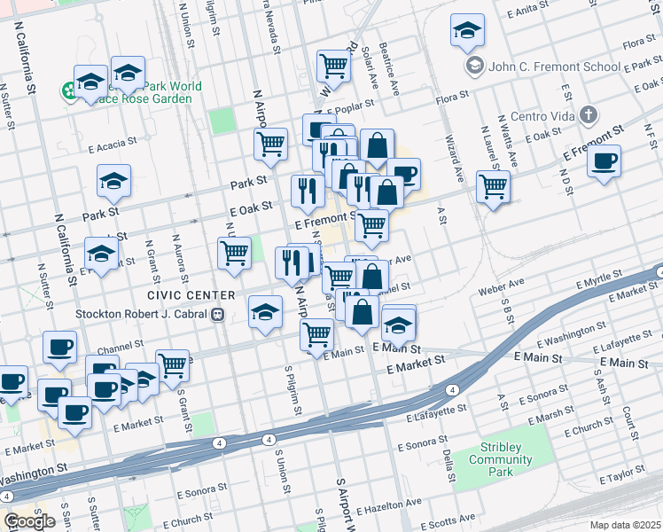 map of restaurants, bars, coffee shops, grocery stores, and more near 1415 East Miner Avenue in Stockton
