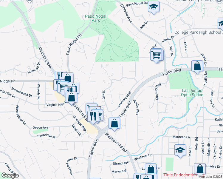 map of restaurants, bars, coffee shops, grocery stores, and more near 58 Ramsgate Lane in Pleasant Hill