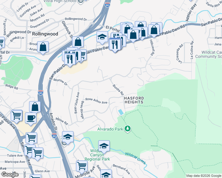 map of restaurants, bars, coffee shops, grocery stores, and more near 132 Bolduc Court in San Pablo