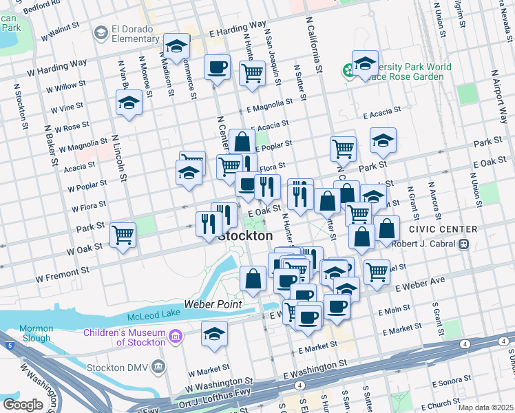 map of restaurants, bars, coffee shops, grocery stores, and more near 603 North El Dorado Street in Stockton