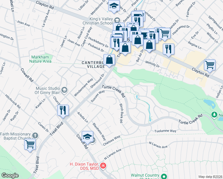 map of restaurants, bars, coffee shops, grocery stores, and more near 1373 Sussex Way in Concord