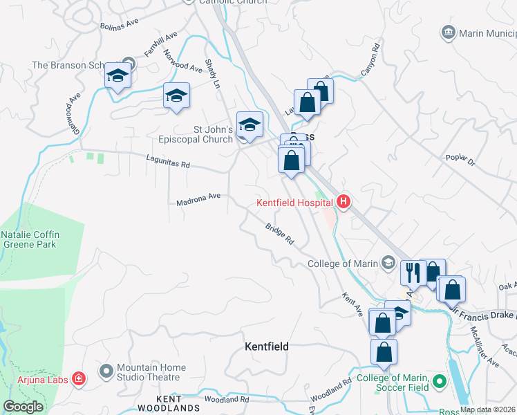 map of restaurants, bars, coffee shops, grocery stores, and more near 61 Bridge Road in Ross