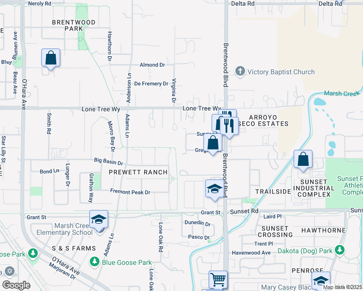 map of restaurants, bars, coffee shops, grocery stores, and more near 237 Gregory Lane in Brentwood