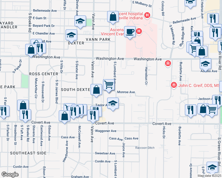 map of restaurants, bars, coffee shops, grocery stores, and more near 3410 Monroe Avenue in Evansville