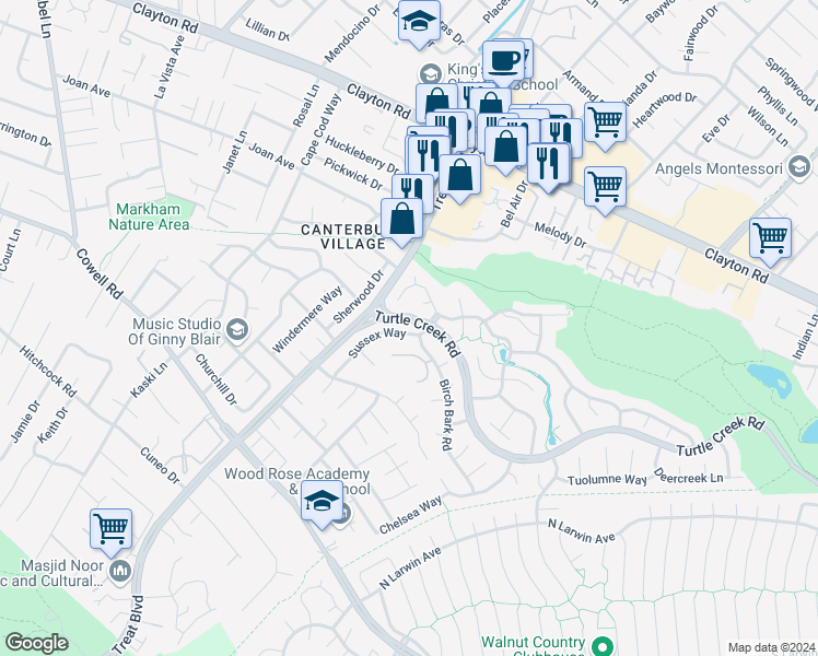 map of restaurants, bars, coffee shops, grocery stores, and more near 1373 Sussex Way in Concord