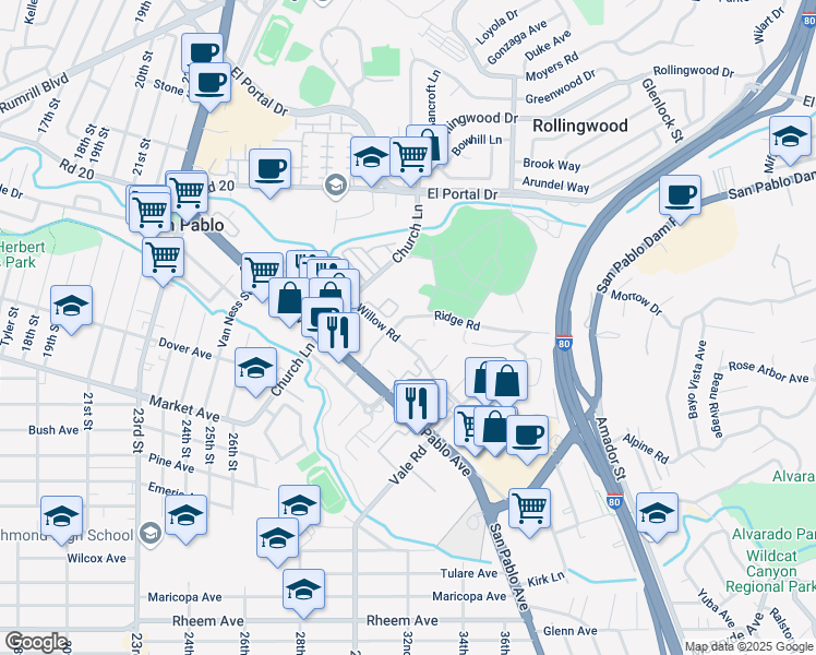 map of restaurants, bars, coffee shops, grocery stores, and more near 2428 Ridge Road in San Pablo