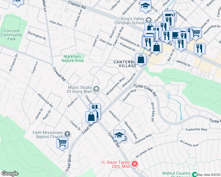 map of restaurants, bars, coffee shops, grocery stores, and more near 1275 Windermere Way in Concord