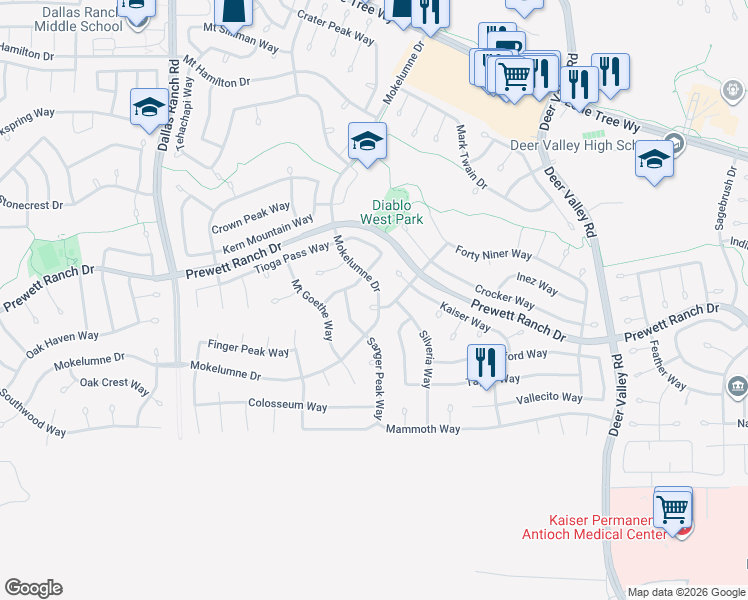 map of restaurants, bars, coffee shops, grocery stores, and more near 2083 Mount Oso Court in Antioch