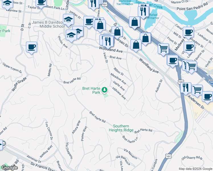 map of restaurants, bars, coffee shops, grocery stores, and more near 1 Hillview Avenue in San Rafael