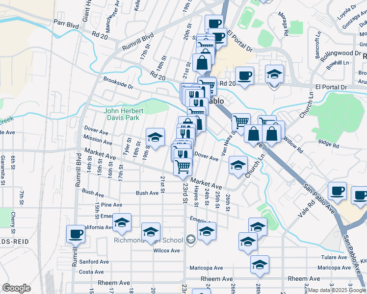 map of restaurants, bars, coffee shops, grocery stores, and more near 2211 Dover Avenue in San Pablo