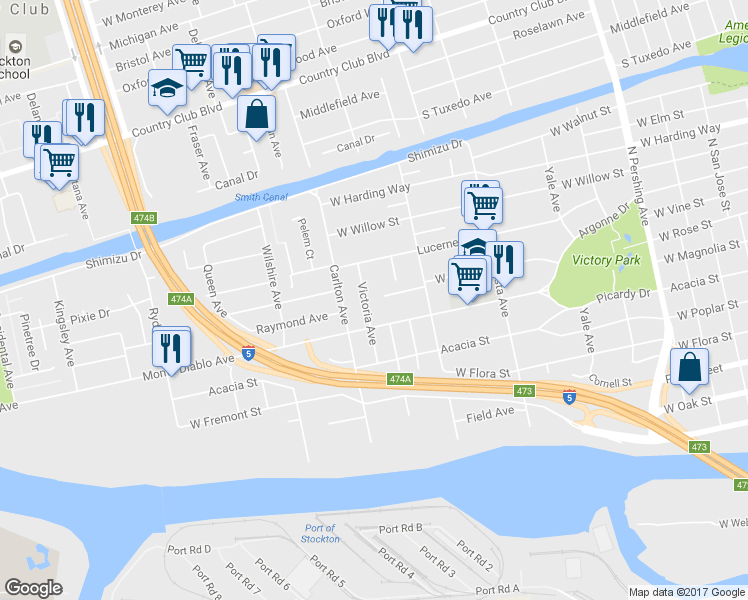 map of restaurants, bars, coffee shops, grocery stores, and more near 1150 Victoria Avenue in Stockton