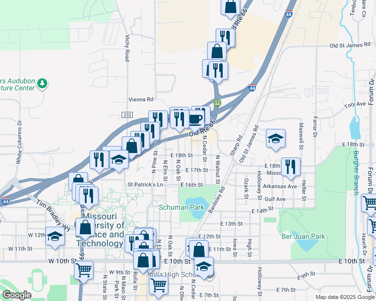 map of restaurants, bars, coffee shops, grocery stores, and more near 1803 North Olive Street in Rolla