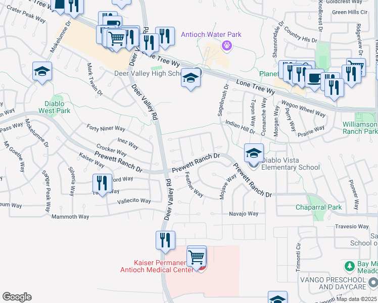 map of restaurants, bars, coffee shops, grocery stores, and more near 5120 Paddock Court in Antioch