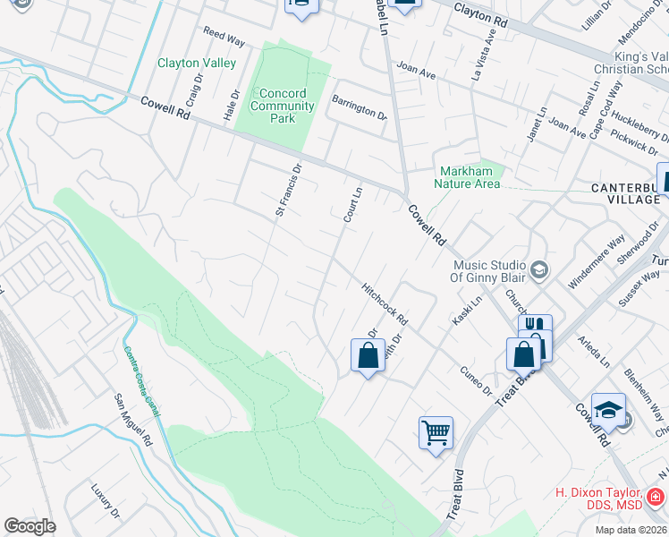 map of restaurants, bars, coffee shops, grocery stores, and more near 3782 Hitchcock Road in Concord