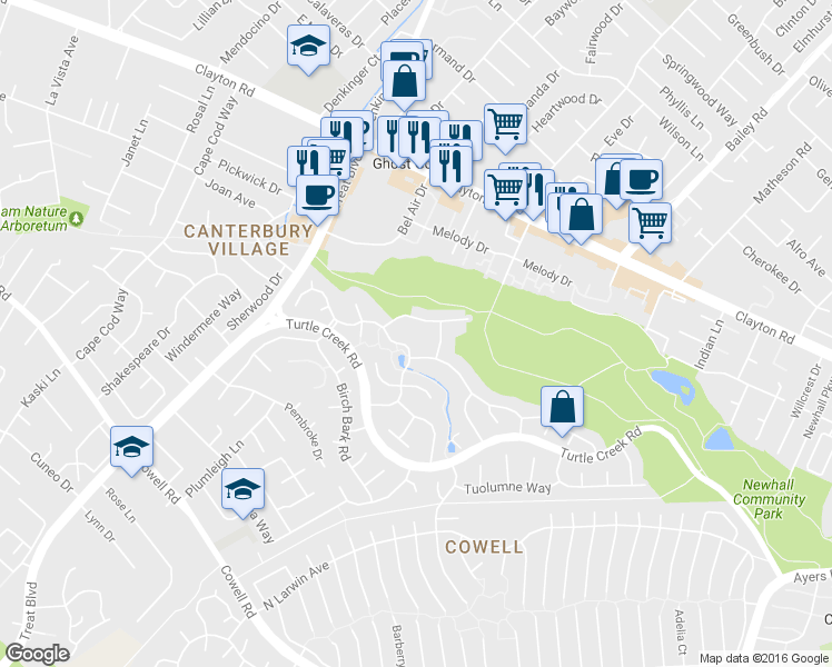 map of restaurants, bars, coffee shops, grocery stores, and more near 1319 Waterfall Way in Concord