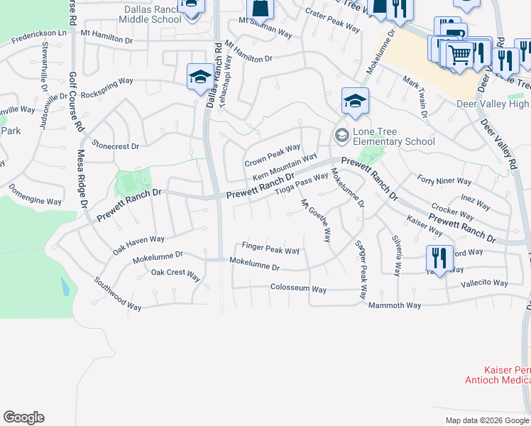 map of restaurants, bars, coffee shops, grocery stores, and more near 1838 Buck Mountain Court in Antioch