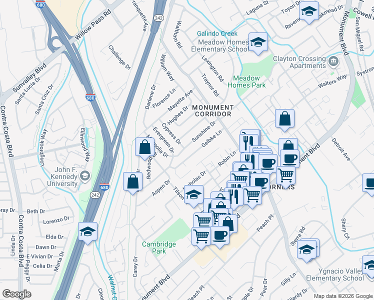 map of restaurants, bars, coffee shops, grocery stores, and more near 1816 Sunshine Drive in Concord
