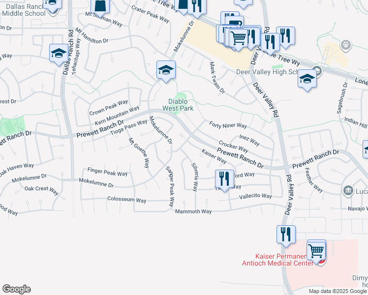 map of restaurants, bars, coffee shops, grocery stores, and more near 2401 Silveria Way in Antioch