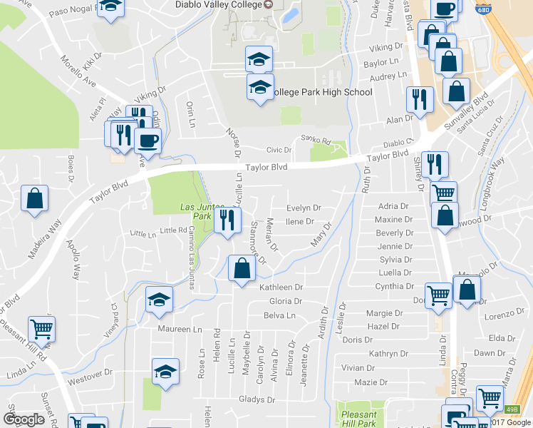 map of restaurants, bars, coffee shops, grocery stores, and more near 1630 Merian Drive in Pleasant Hill