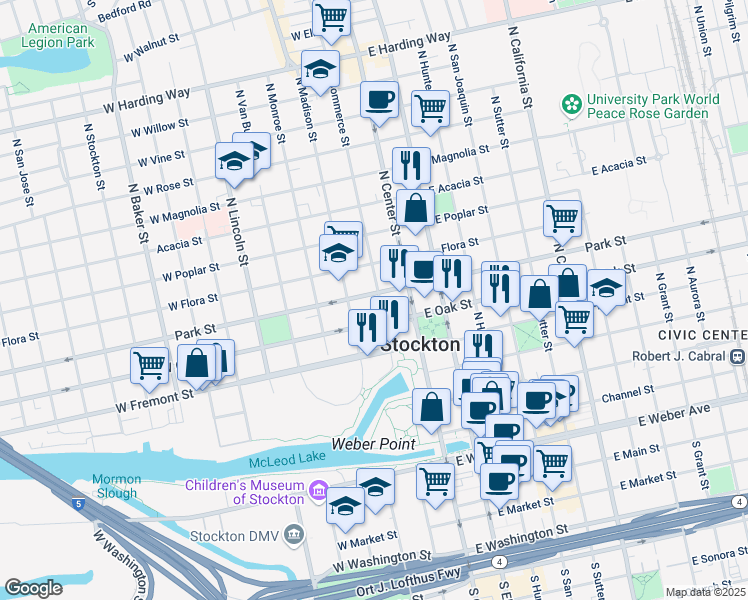 map of restaurants, bars, coffee shops, grocery stores, and more near 104 West Park Street in Stockton