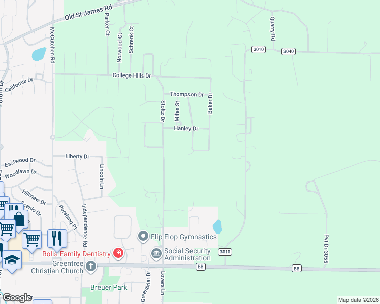 map of restaurants, bars, coffee shops, grocery stores, and more near 10540 Butler Circle in Rolla