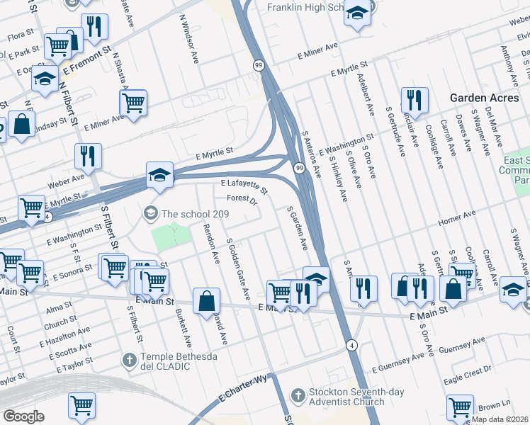 map of restaurants, bars, coffee shops, grocery stores, and more near 3441 Forest Drive in Stockton