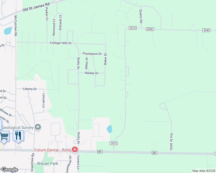 map of restaurants, bars, coffee shops, grocery stores, and more near 10564 Butler Circle in Rolla