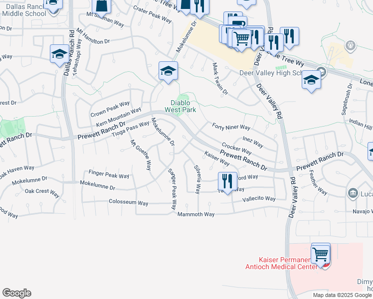 map of restaurants, bars, coffee shops, grocery stores, and more near 2401 Silveria Way in Antioch