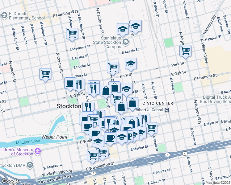 map of restaurants, bars, coffee shops, grocery stores, and more near 504 North California Street in Stockton