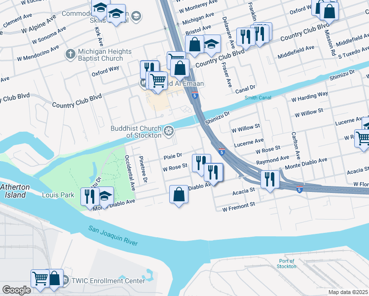 map of restaurants, bars, coffee shops, grocery stores, and more near 1317 Perry Avenue in Stockton