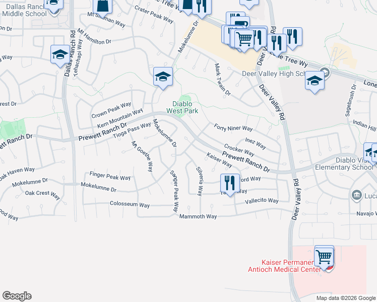 map of restaurants, bars, coffee shops, grocery stores, and more near 2406 Kaiser Way in Antioch