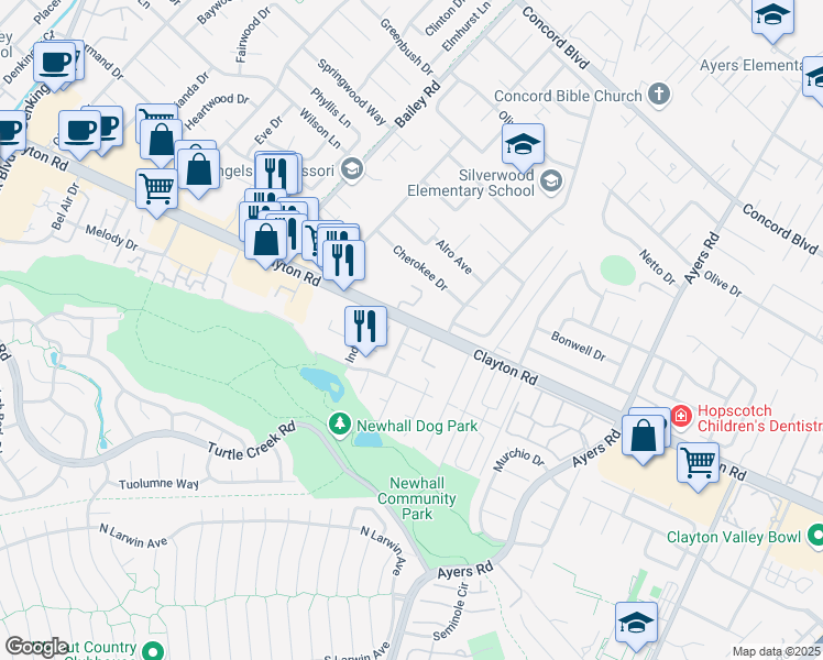 map of restaurants, bars, coffee shops, grocery stores, and more near 4860 Clayton Road in Concord