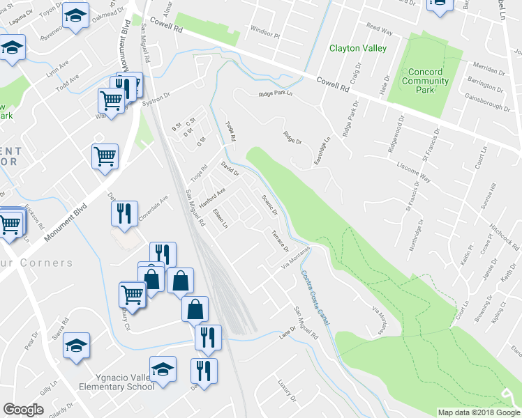 map of restaurants, bars, coffee shops, grocery stores, and more near 169 Scenic Drive in Concord