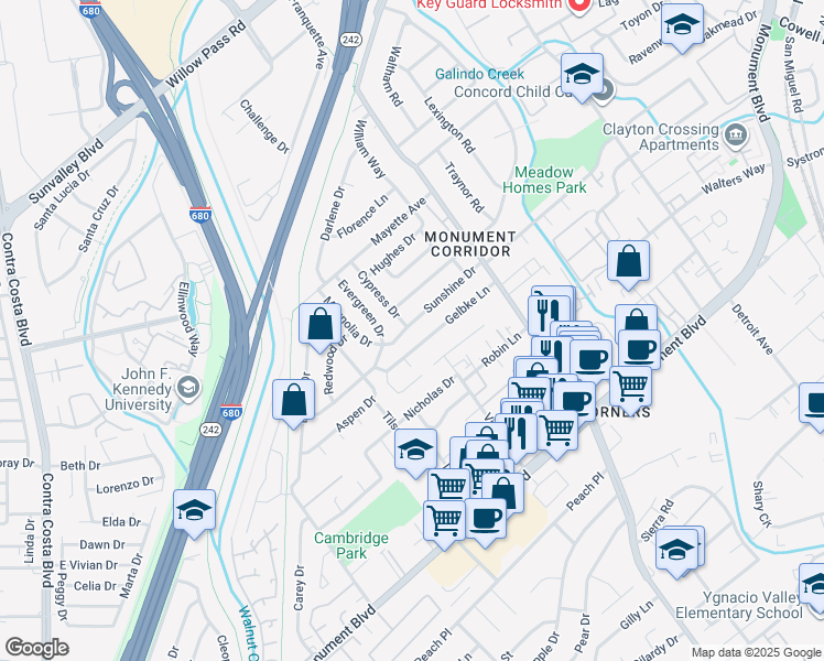 map of restaurants, bars, coffee shops, grocery stores, and more near 1816 Sunshine Drive in Concord