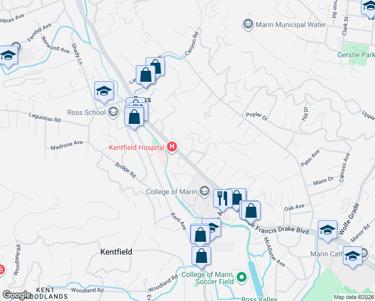 map of restaurants, bars, coffee shops, grocery stores, and more near 39 Ross Terrace in Kentfield