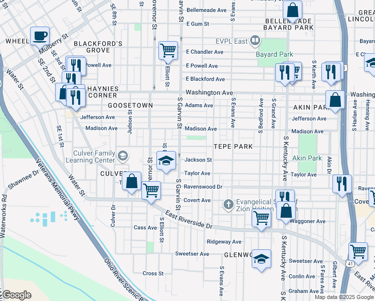 map of restaurants, bars, coffee shops, grocery stores, and more near 609 Monroe Avenue in Evansville