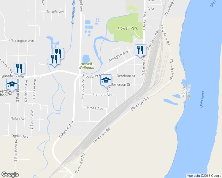 map of restaurants, bars, coffee shops, grocery stores, and more near 1612 Stinson Avenue in Evansville