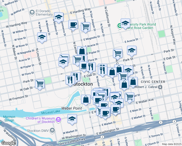 map of restaurants, bars, coffee shops, grocery stores, and more near 603 North El Dorado Street in Stockton