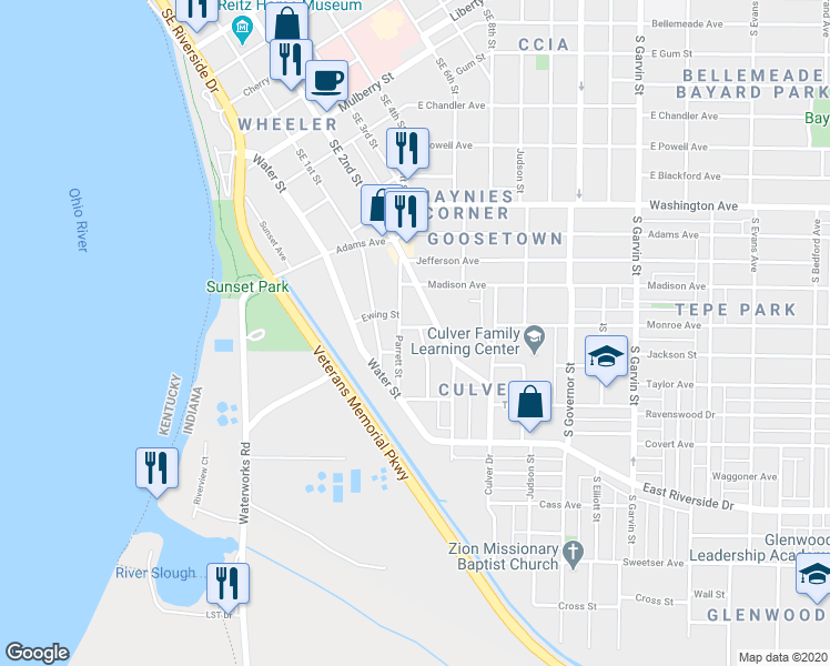 map of restaurants, bars, coffee shops, grocery stores, and more near 67 Monroe Avenue in Evansville