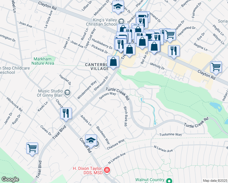 map of restaurants, bars, coffee shops, grocery stores, and more near 1369 Sussex Way in Concord