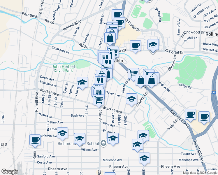 map of restaurants, bars, coffee shops, grocery stores, and more near 1943 Powell Street in San Pablo