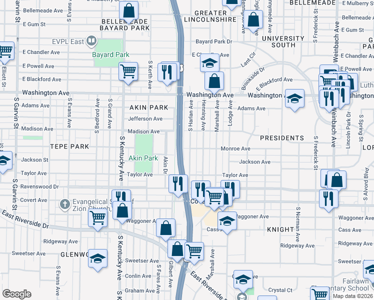 map of restaurants, bars, coffee shops, grocery stores, and more near 1301 South Harlan Avenue in Evansville