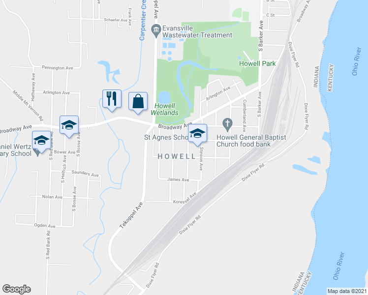 map of restaurants, bars, coffee shops, grocery stores, and more near 1611 Glendale Avenue in Evansville