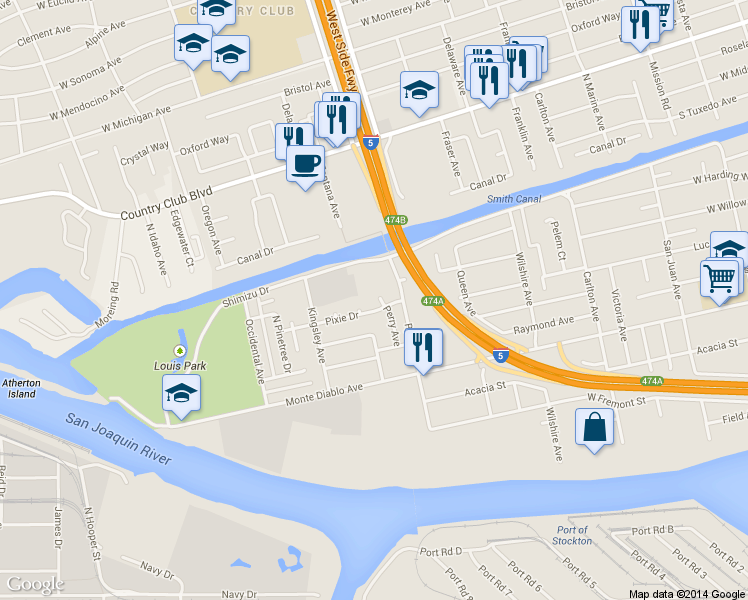 map of restaurants, bars, coffee shops, grocery stores, and more near 1317 Perry Ave in Stockton