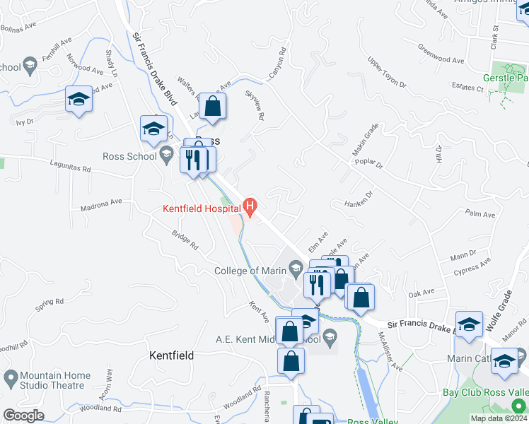 map of restaurants, bars, coffee shops, grocery stores, and more near 39 Ross Terrace in Kentfield