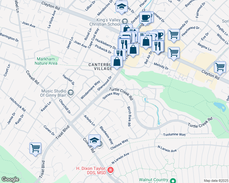 map of restaurants, bars, coffee shops, grocery stores, and more near 1361 Sussex Way in Concord