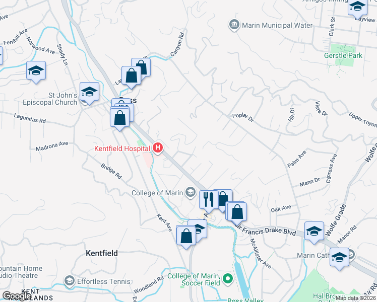 map of restaurants, bars, coffee shops, grocery stores, and more near 16 Geary Avenue in Kentfield