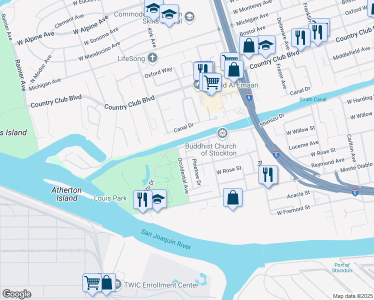 map of restaurants, bars, coffee shops, grocery stores, and more near 2938 Shimizu Drive in Stockton